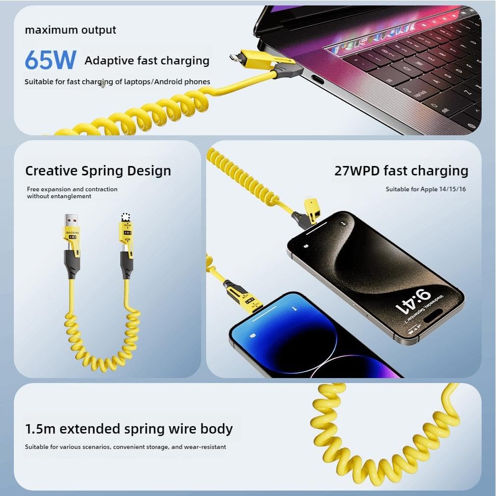 4 in 1 multi charging cable – 60W Fast Charging, Retractable Cord with USB-A, USB-C, and Lightning Connectors for iPhone, iPad, Android, MacBook, - Image 7