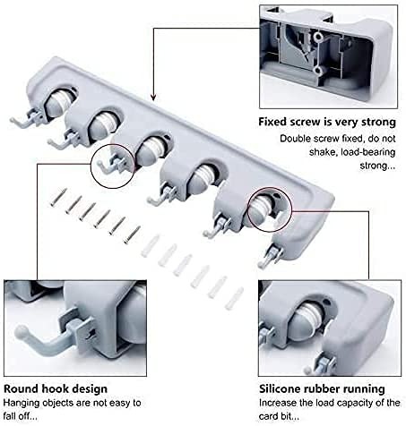 5 Slot Broom Holder Wall Mount Organizer | Mop and Broom Storage Rack with 6 Hooks, Heavy-Duty Tool Hanger for Kitchen, Garage, Garden, and Laundry Room - Image 3