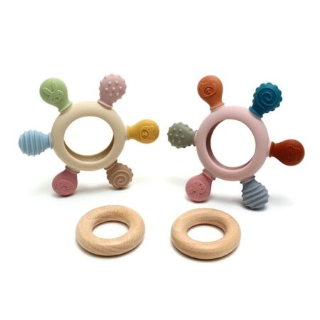 Silicone and Wood Baby Teething Toy Round