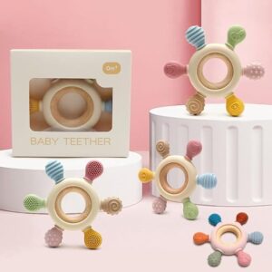 Silicone and Wood Baby Teething Toy Round