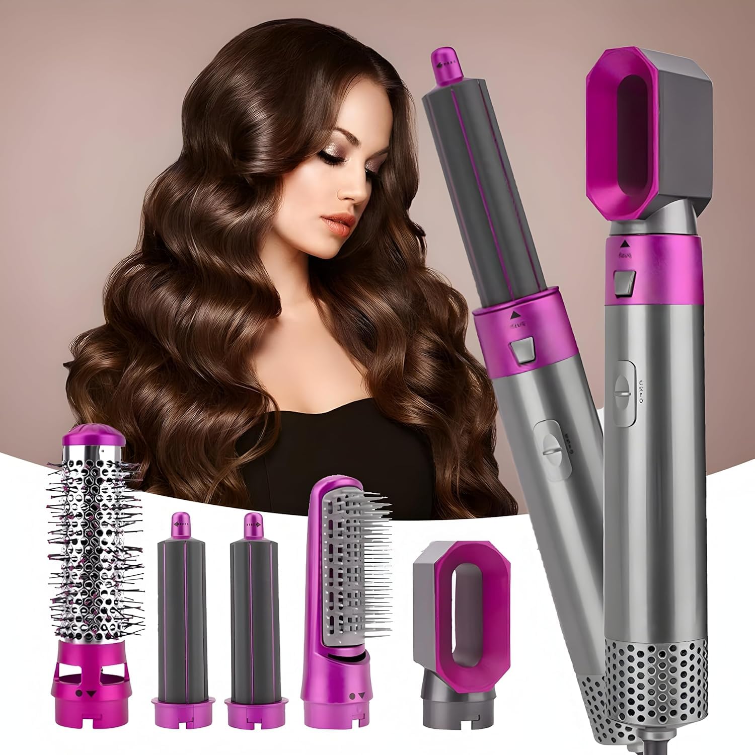 5-in-1 Hair Dryer Brush Set – Multifunctional Hot Air Styler with Interchangeable Heads for Drying, Straightening, Curling & Combing | Frizz-Free, Shine-Boosting Design for All Hair Types - Image 3