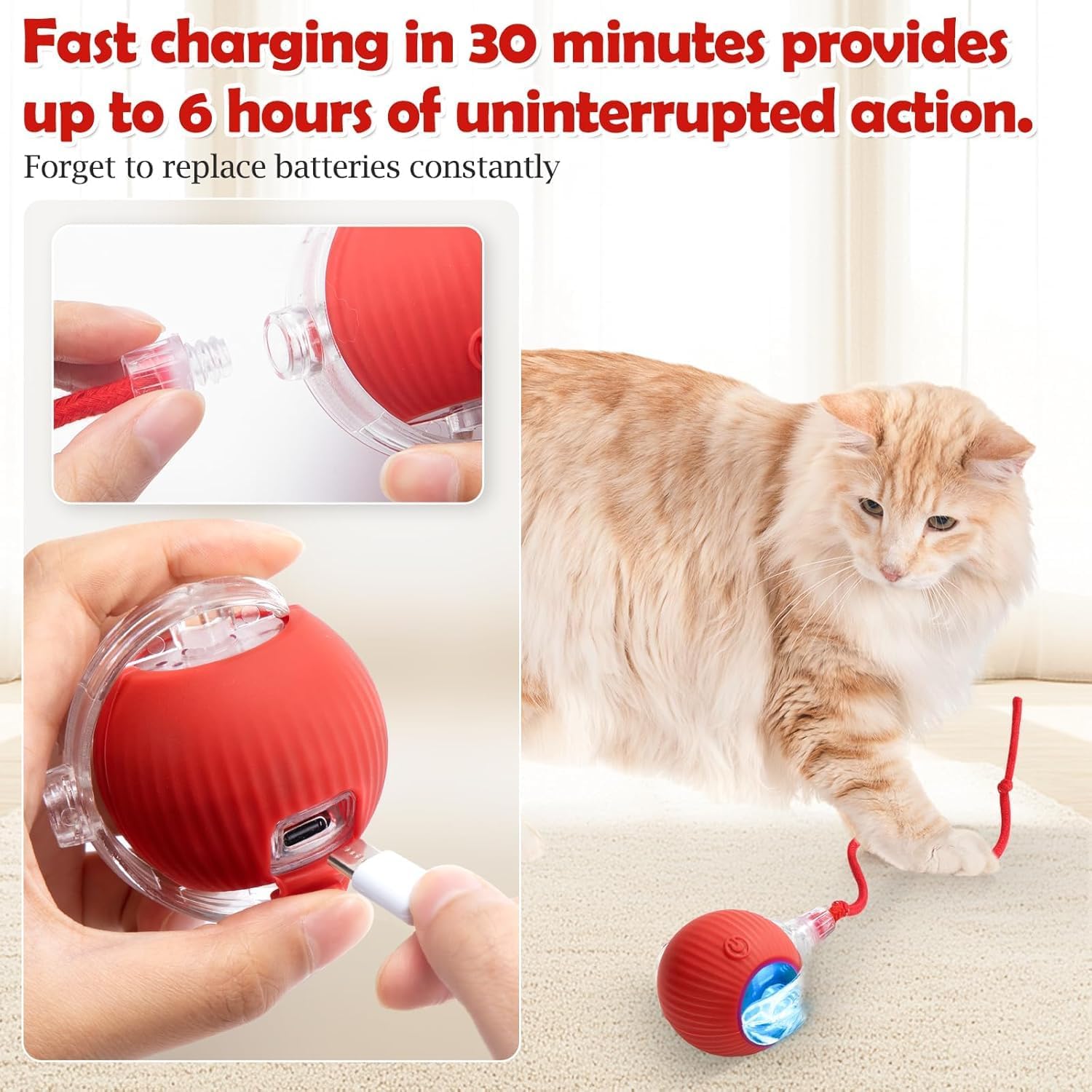 Interactive Smart Cat and Dog Rolling Ball Toy – 360° Automatic Self-Moving Pet Toy with Motion Sensor, Rechargeable Silicone Chase Ball with Tail Rope, Indoor Dog & Cat Boredom Buster - Image 4
