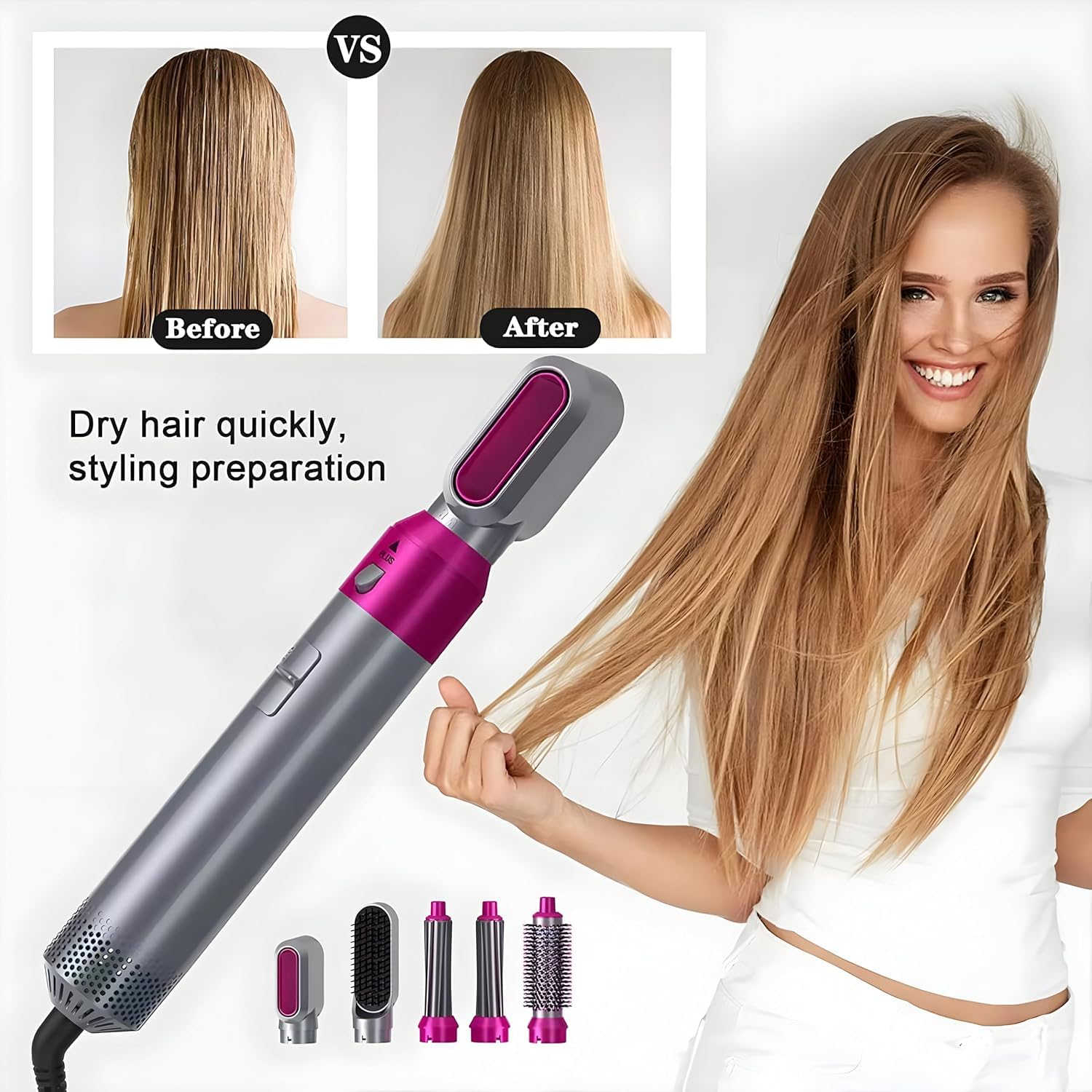 5-in-1 Hair Dryer Brush Set – Multifunctional Hot Air Styler with Interchangeable Heads for Drying, Straightening, Curling & Combing | Frizz-Free, Shine-Boosting Design for All Hair Types - Image 5