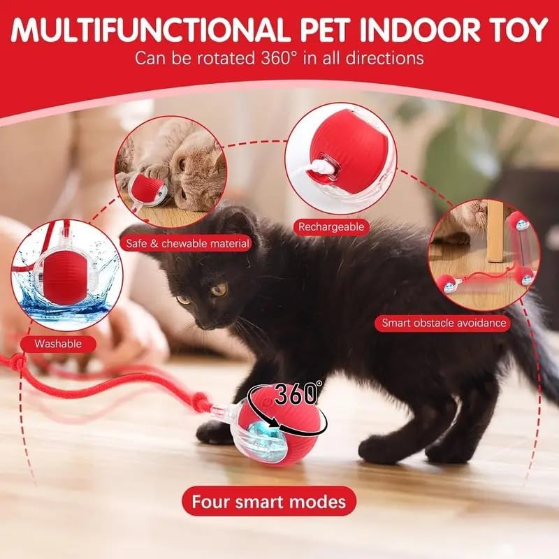 Interactive Smart Cat and Dog Rolling Ball Toy – 360° Automatic Self-Moving Pet Toy with Motion Sensor, Rechargeable Silicone Chase Ball with Tail Rope, Indoor Dog & Cat Boredom Buster - Image 5