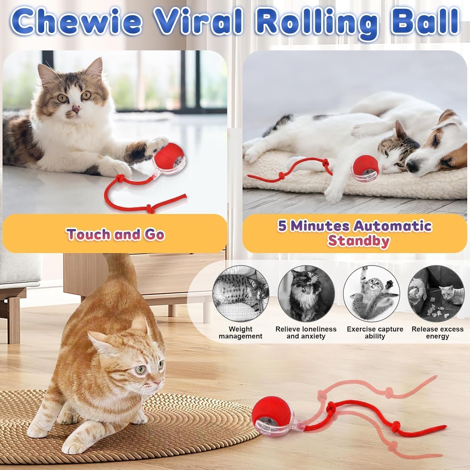 Interactive Smart Cat and Dog Rolling Ball Toy – 360° Automatic Self-Moving Pet Toy with Motion Sensor, Rechargeable Silicone Chase Ball with Tail Rope, Indoor Dog & Cat Boredom Buster - Image 6