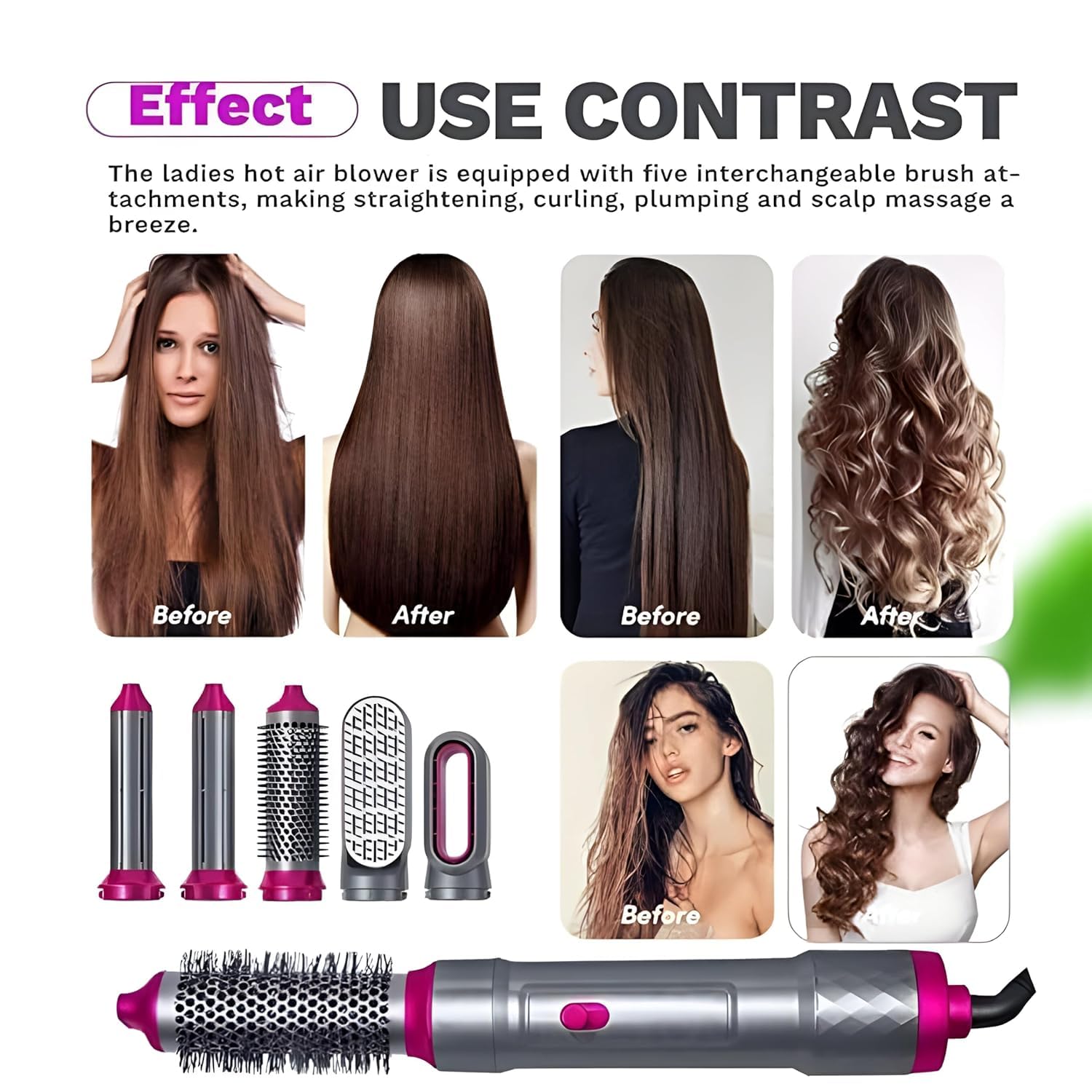 5-in-1 Hair Dryer Brush Set – Multifunctional Hot Air Styler with Interchangeable Heads for Drying, Straightening, Curling & Combing | Frizz-Free, Shine-Boosting Design for All Hair Types - Image 7