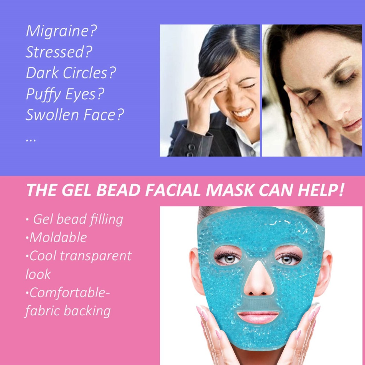 Woman wearing gel bead face mask with earplugs