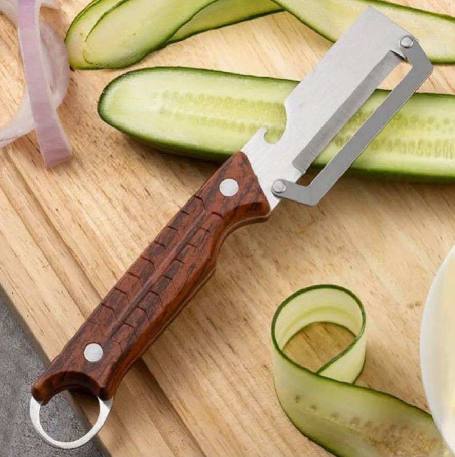 Multi-Functional Stainless Steel Vegetable Peeler with Wooden Handle