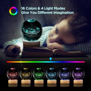 3D Crystal Ball Solar System LED Night Light with Wooden Base