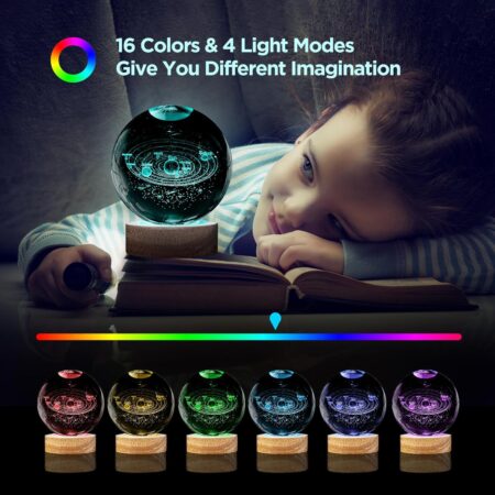 3D Crystal Ball Solar System LED Night Light with Wooden Base