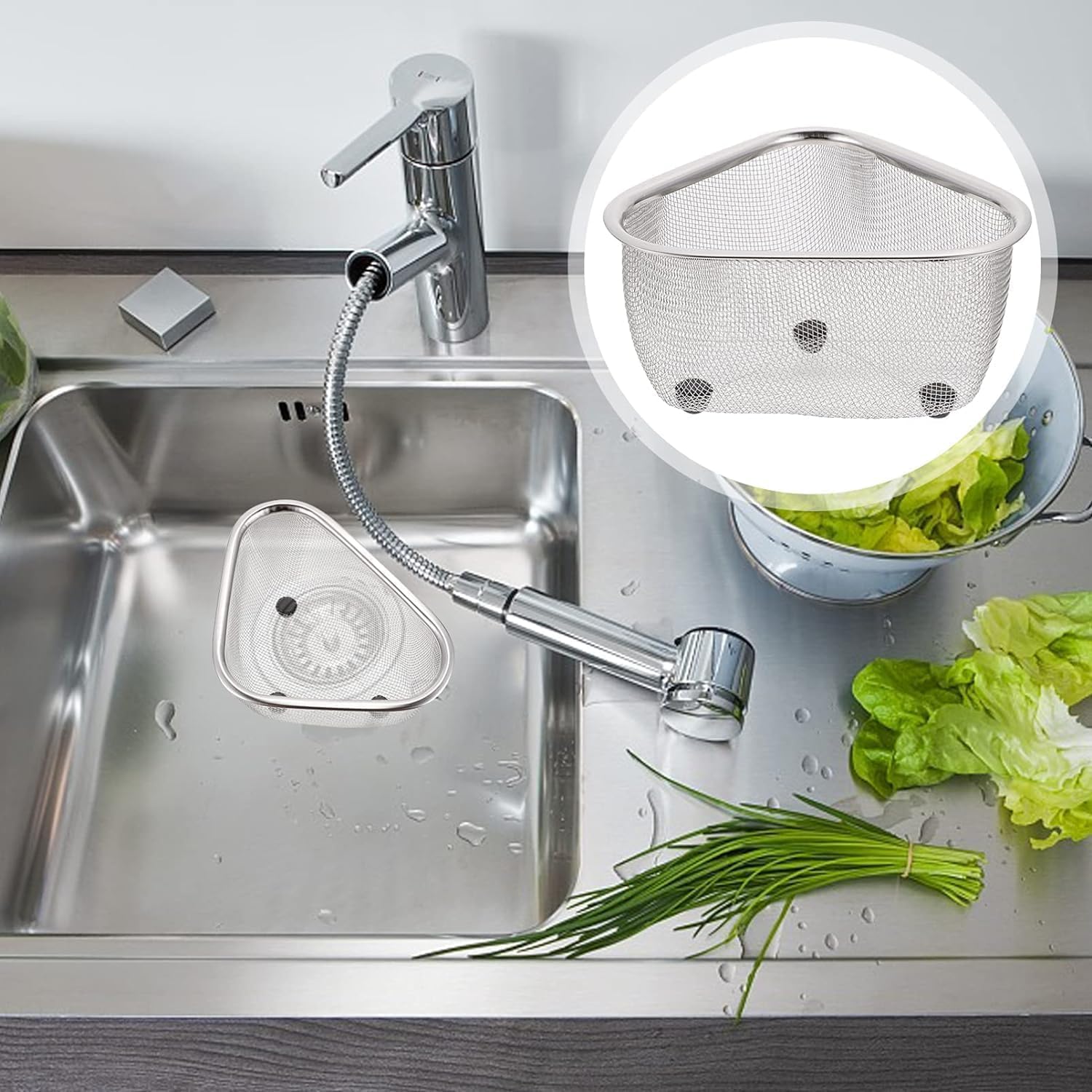 Stainless Steel Dish Rack Drain Basket with Drip Tray & Spoon Holder | Over Sink Counter Plate Rack | Kitchen Drying Stand Bartan Basket Steel Triangle Dish Drainer - Image 2