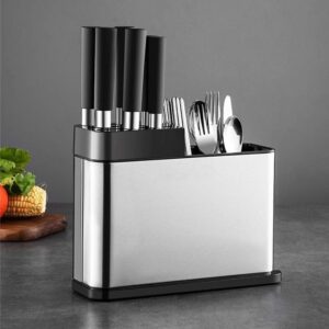 Stainless steel knife and cutlery holder for kitchen countertop