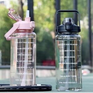 2L Transparent Motivational Water Bottle with Straw & Time Marker | Leak-Proof, BPA-Free, Break-Resistant Fitness Bottle with Carry Strap for Office, School, Gym & Travel
