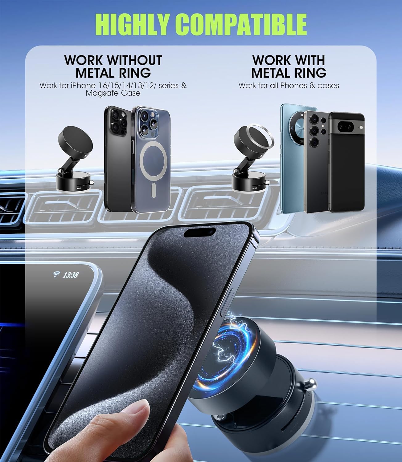 Vacuum Magnetic Suction Phone Holder | Foldable & Retractable Double-Sided Magnetic Car Mount | Universal Strong Suction Phone Stand for Smartphones, Desk & Car Use - Image 5