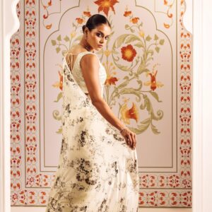 Printed Satin Saree with Attached Blouse Japan Satin