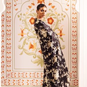 Black Printed Satin Saree with Attached Blouse Japan Satin