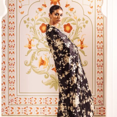 Black Printed Satin Saree with Attached Blouse Japan Satin