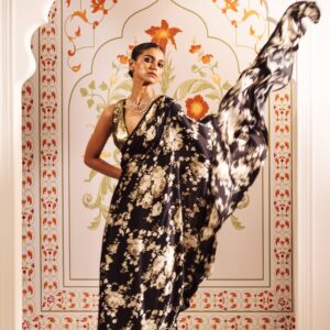 Black Printed Satin Saree with Attached Blouse Japan Satin