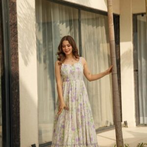 Gown for Girls & Women with Cotton Inner – Purple Floral Print