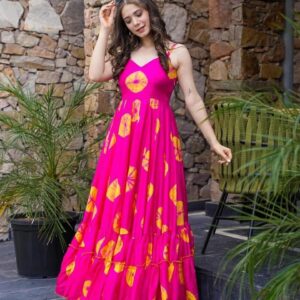 Women Floral Print Gown Dress Pink with Sweetheart Neck