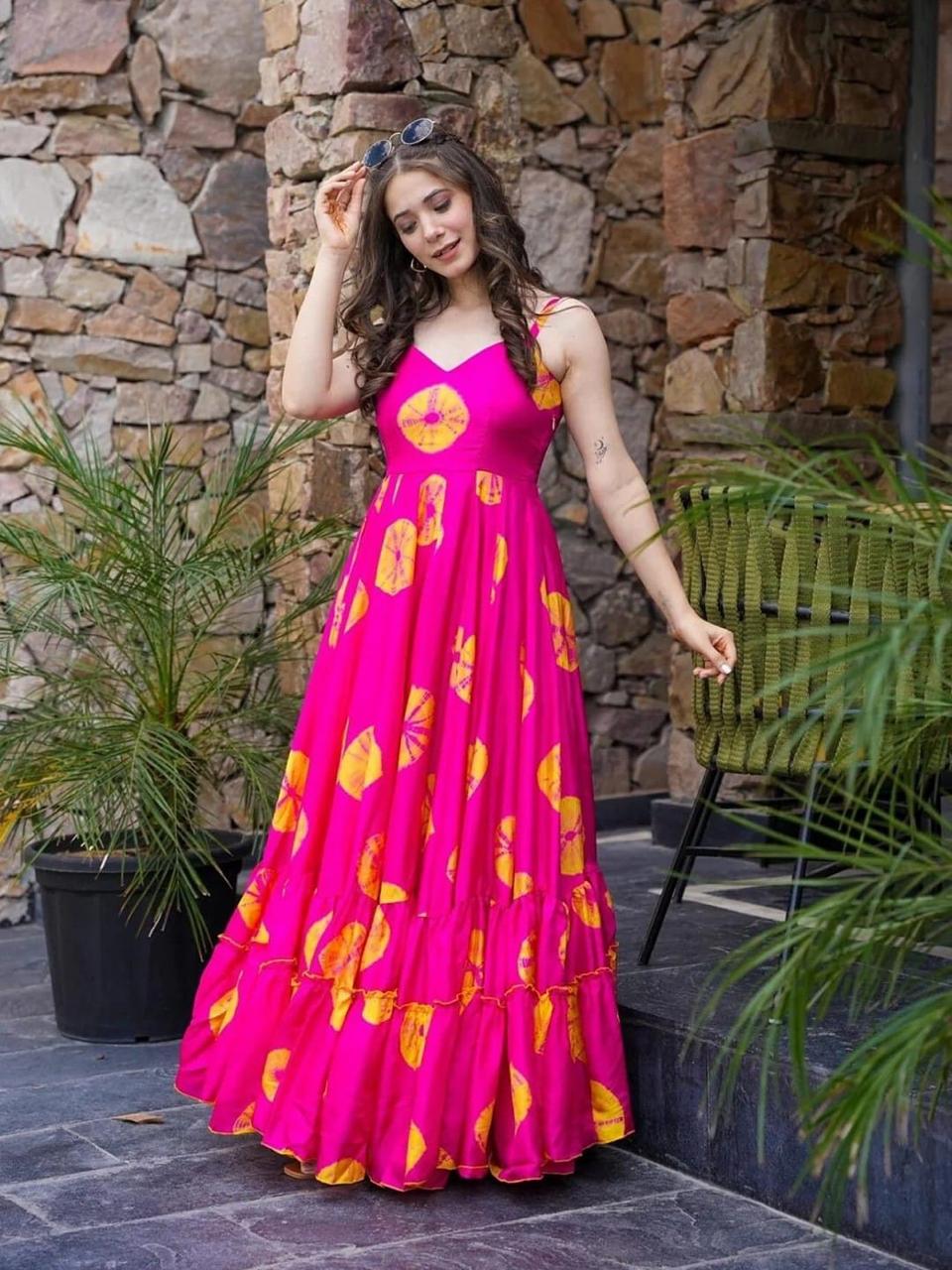 Women Floral Print Gown Dress Pink with Sweetheart Neck