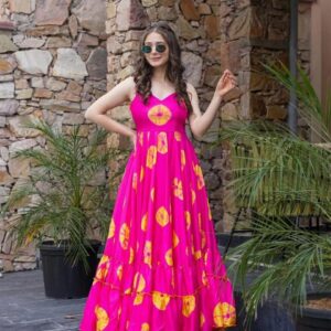 Women Floral Print Gown Dress Pink with Sweetheart Neck
