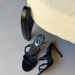 René Caovilla Inspired Black Crystal Strap Stiletto Heels for Women – Luxury Designer Party Sandals with Elegant High Heel & Sparkling Evening Style