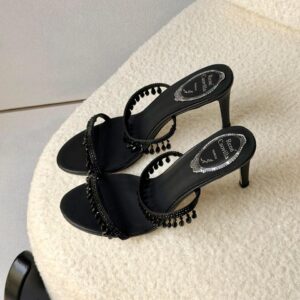 René Caovilla Black Beaded Strap Stiletto Heels for Women – Sandals with Elegant High Heel Party Wear